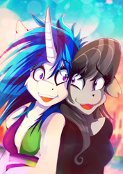 Size: 1358x1920 | Tagged: safe, artist:rariedash, imported from derpibooru, dj pon-3, octavia melody, vinyl scratch, anthro, earth pony, unicorn, clothes, cute, female, floppy ears, lesbian, open mouth, scratchtavia, shipping