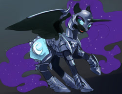 Size: 1280x989 | Tagged: safe, artist:silfoe, imported from derpibooru, nightmare moon, alicorn, pony, moonsetmlp, alternate universe, armor, description is relevant, ethereal mane, female, gradient background, mare, raised hoof, solo, spread wings, starry mane, wings