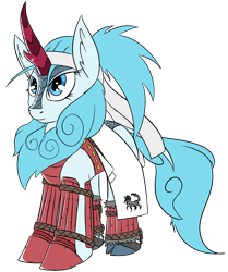 Size: 1188x1424 | Tagged: safe, artist:exvius, imported from derpibooru, oc, oc only, oc:frost flare, kirin, pony, armor, cloven hooves, headband, samurai, samurai armor, solo