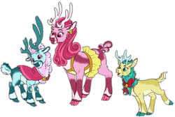 Size: 1000x671 | Tagged: safe, artist:zenaquaria, deleted from derpibooru, imported from derpibooru, alice the reindeer, aurora the reindeer, bori the reindeer, best gift ever, adoralice, aurorable, bell, boribetes, cloven hooves, cute, female, neck ruff, redesign, simple background, the gift givers, transparent background, trio