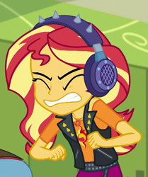 Size: 749x898 | Tagged: safe, imported from derpibooru, screencap, sandalwood, sunset shimmer, equestria girls, equestria girls series, overpowered (equestria girls), cropped, geode of empathy, headphones, magical geodes, offscreen character