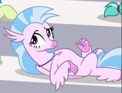 Size: 771x590 | Tagged: safe, imported from derpibooru, screencap, silverstream, classical hippogriff, hippogriff, a matter of principals, cropped, female, lying down, on back, raised eyebrow, solo focus, sweat, tired