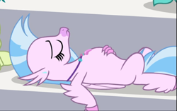 Size: 833x522 | Tagged: safe, imported from derpibooru, screencap, silverstream, classical hippogriff, hippogriff, a matter of principals, cropped, cute, diastreamies, female, lying down, on back, tired