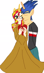 Size: 1601x2645 | Tagged: safe, artist:realityisrelative, imported from derpibooru, flash sentry, sunset shimmer, anthro, equestria girls, female, flashimmer, horn, male, ponied up, shipping, straight