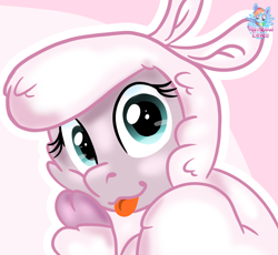 Size: 1378x1269 | Tagged: safe, artist:rainbow eevee, imported from derpibooru, pom lamb, lamb, sheep, them's fightin' herds, :3, community related, cute, female, looking at you, pom (tfh), solo, tongue out