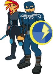 Size: 568x800 | Tagged: safe, artist:dreamchallenger, imported from derpibooru, flash sentry, sunset shimmer, pony, black widow (marvel), captain america, clothes, cosplay, costume, female, flashimmer, male, marvel, marvel comics, shipping, straight