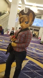 Size: 352x640 | Tagged: safe, artist:chainerprime, imported from derpibooru, applejack, anthro, human, apple, clothes, convention, cosplay, costume, female, food, hat, irl, irl human, jeans, katsucon, kigurumi, pants, photo, satchel, shirt, solo