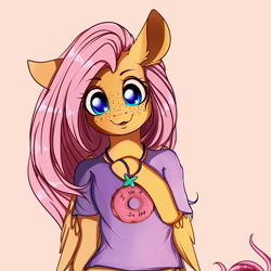 Size: 4000x4000 | Tagged: safe, artist:miokomata, imported from derpibooru, fluttershy, anthro, pegasus, arm hooves, clothes, cute, female, freckles, innuendo, jewelry, looking at you, looking down, mare, open mouth, pendant, shirt, shyabetes, smiling, solo, t-shirt