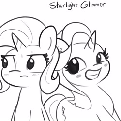 Size: 1650x1650 | Tagged: safe, artist:tjpones, imported from derpibooru, part of a set, starlight glimmer, trixie, pony, unicorn, blushing, grin, implied lesbian, implied shipping, implied startrix, monochrome, smiling, suggestive description, sweat