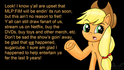 Size: 1920x1080 | Tagged: safe, artist:sonigoku, imported from derpibooru, applejack, dialogue, end of ponies, frog (hoof), meta, mouthpiece, underhoof