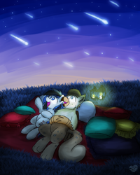 Size: 2048x2560 | Tagged: safe, artist:sugar morning, imported from derpibooru, oc, oc only, oc:bolton, oc:kezzie, griffon, pegasus, pony, bolzie, female, grass, happy, hill, lantern, looking up, mare, night, night sky, oc x oc, on back, open mouth, picnic blanket, pillow, shipping, sky, starry night