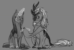 Size: 1024x692 | Tagged: safe, artist:mythpony, imported from derpibooru, oc, oc only, oc:myth, oc:wildfire, alicorn, kirin, pony, female, knitting, magic, mare, monochrome