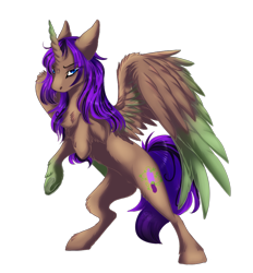 Size: 856x923 | Tagged: safe, artist:requiem♥, imported from derpibooru, oc, oc only, oc:vine demise, alicorn, pony, alicorn oc, blue eyes, brown fur, chest fluff, commission, cutie mark, horn, long mane, purple mane, solo, wings