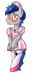 Size: 500x1050 | Tagged: safe, artist:cappie, imported from derpibooru, oc, oc only, oc:cappie, pony, unicorn, blushing, body pillow, body pillow design, clothes, crossdressing, dress, forced feminization, maid, maid headdress, male, satin, shiny, shoes, silk, simple background, sissy, skirt, socks, solo, stallion, stockings, thigh highs, transparent background, uniform