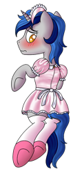 Size: 500x1050 | Tagged: safe, artist:cappie, imported from derpibooru, oc, oc only, oc:cappie, pony, unicorn, blushing, body pillow, body pillow design, butt, clothes, crossdressing, dress, forced feminization, maid, maid headdress, male, padlock, plot, satin, shiny, shoes, silk, simple background, sissy, skirt, socks, solo, stallion, stockings, thigh highs, transparent background, uniform, zipper, zipper dress