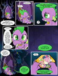 Size: 1275x1650 | Tagged: safe, artist:dsana, imported from derpibooru, spike, twilight sparkle, dragon, pony, unicorn, comic:the shadow shard, just for sidekicks, baby, baby spike, comic, crying, dialogue, duo, female, filly, filly twilight sparkle, flashback, gem, inner thoughts, male, mama twilight, memory, younger