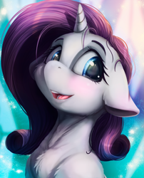 Size: 1509x1869 | Tagged: safe, artist:alcor, imported from derpibooru, rarity, pony, unicorn, abstract background, beautiful, blushing, bust, chest fluff, cute, detailed, eyelashes, female, floppy ears, hnnng, horn, mare, open mouth, raribetes, smiling, solo, stray strand