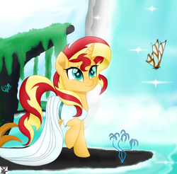 Size: 5600x5500 | Tagged: safe, artist:theretroart88, imported from derpibooru, sunset shimmer, butterfly, pony, unicorn, absurd resolution, clothes, female, mare, raised hoof, smiling, solo, water