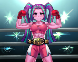 Size: 900x720 | Tagged: safe, artist:tzc, imported from derpibooru, part of a set, aria blaze, equestria girls, abs, anime, aria brute, aria buff, biceps, blushing, boxing, boxing gloves, boxing ring, camera flashes, championship belt, clothes, commission, female, flexing, looking at you, midriff, muscles, pigtails, shorts, smiling, solo, sports, sports bra, sports shorts