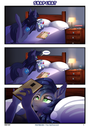 Size: 2066x2918 | Tagged: safe, artist:theneithervoid, imported from derpibooru, oc, oc only, oc:halfmoon, oc:velvet von karma, anthro, bat pony, pegasus, unicorn, comic:snapchat, bat wings, bed, bottomless, clothes, comic, cutie mark, ear fluff, female, hooves, horn, lamp, lying down, mare, partial nudity, phone, pillow, prone, wings