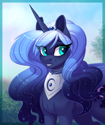 Size: 1624x1920 | Tagged: safe, artist:peridotkitty, artist:silkensaddle, derpibooru exclusive, imported from derpibooru, princess luna, alicorn, pony, bust, chest fluff, cute, ear fluff, ethereal mane, eye clipping through hair, female, freckles, gradient mane, looking away, lunabetes, mare, peytral, portrait, redesign, shoulder freckles, smiling, solo, starry mane