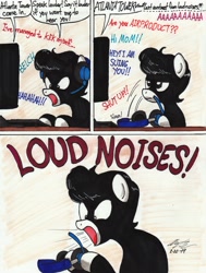 Size: 2085x2758 | Tagged: safe, artist:newyorkx3, imported from derpibooru, oc, oc only, oc:tommy junior, earth pony, pony, angry, ask, chat, descriptive noise, flight simulator, gaming, headphones, loud, male, noise, online, rage, screaming, solo