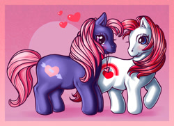 Size: 800x578 | Tagged: safe, artist:zanthu, imported from derpibooru, pony, baby, baby pony, first tooth baby ponies, g1, purple valentine twin, shipping, valentine twins, white valentine twin