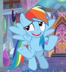 Size: 846x923 | Tagged: safe, imported from derpibooru, screencap, rainbow dash, pegasus, pony, the end in friend, cropped, embarrassed, female, flying, open mouth, solo