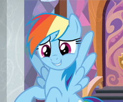 Size: 1133x938 | Tagged: safe, imported from derpibooru, screencap, rainbow dash, pegasus, pony, the end in friend, cropped, cute, embarrassed, female, flying, smiling, solo