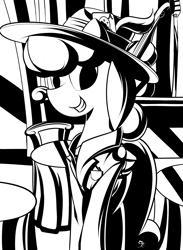 Size: 2272x3102 | Tagged: safe, artist:ruiont, imported from derpibooru, oc, oc only, oc:batlatoya, pegasus, pony, black and white, clothes, female, grayscale, grin, hat, high res, hooves, mare, monochrome, smiling, solo, wings