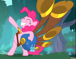 Size: 912x709 | Tagged: safe, imported from derpibooru, screencap, pinkie pie, earth pony, pony, yakity-sax, bipedal, cropped, eyes closed, female, hooves in air, mare, raised hoof, smiling, solo, yovidaphone