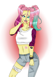 Size: 1000x1400 | Tagged: safe, artist:zima, imported from derpibooru, fluttershy, human, bracelet, crossover, female, humanized, jewelry, makeup, paint tool sai, ponytail, simple background, solo, suicide squad, tattoo, transparent background