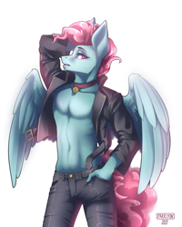 Size: 3200x4000 | Tagged: safe, artist:sparklyon3, imported from derpibooru, oc, oc only, anthro, pegasus, anthro oc, armpits, clothes, jacket, leather jacket, male, rcf community, solo