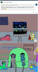 Size: 965x1803 | Tagged: safe, artist:ask-luciavampire, imported from derpibooru, oc, bat pony, earth pony, pegasus, pony, unicorn, tumblr:ask-the-pony-gamers, 1000 hours in ms paint, ask, game, night, tumblr