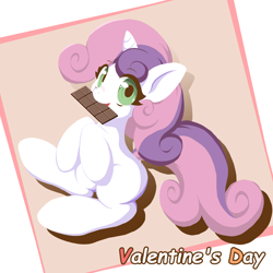 Size: 2000x2000 | Tagged: safe, artist:ragurimo, imported from derpibooru, sweetie belle, pony, unicorn, chocolate bar, cute, diasweetes, female, filly, holiday, solo, valentine, valentine's day