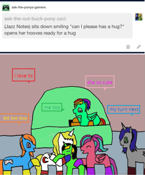 Size: 1071x1292 | Tagged: safe, artist:ask-luciavampire, imported from derpibooru, oc, bat pony, earth pony, pegasus, pony, unicorn, tumblr:ask-the-pony-gamers, 1000 hours in ms paint, ask, tumblr