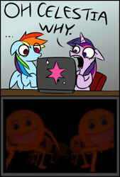 Size: 578x856 | Tagged: safe, deleted from derpibooru, imported from derpibooru, rainbow dash, twilight sparkle, computer, computer meme, exploitable meme, horror, innyume, japanese horror, meme, nightmare fuel, smiley face