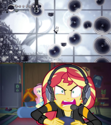 Size: 1279x1440 | Tagged: safe, edit, imported from derpibooru, screencap, fluttershy, sunset shimmer, equestria girls, equestria girls series, game stream, spoiler:eqg series (season 2), angry, bloodshot eyes, comparison, cross-popping veins, crying, female, frustrated, gamer sunset, hollow knight, meme, psycho gamer sunset, rage, rageset shimmer, shimmercode, shrunken pupils, sunset gamer, sunset shimmer frustrated at game, tears of anger, tears of rage, teary eyes, tell me what you need