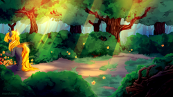 Size: 1920x1080 | Tagged: safe, artist:skylacuna, imported from derpibooru, oc, oc only, oc:gold nova, changeling, changeling oc, crepuscular rays, female, flower, forest, scenery, solo, sunlight, tree