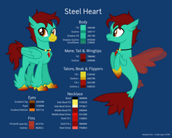 Size: 8000x6400 | Tagged: safe, artist:parclytaxel, imported from derpibooru, oc, oc only, oc:steel heart, classical hippogriff, hippogriff, seapony (g4), .svg available, absurd resolution, colored wings, colored wingtips, commission, jewelry, male, necklace, reference sheet, solo, vector