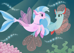 Size: 1280x906 | Tagged: safe, artist:lavenderrain24, imported from derpibooru, ocellus, silverstream, pony, seapony (g4), bubble, clothes, coral, crepuscular rays, disguise, disguised changeling, eyelashes, female, fin wings, fins, fish tail, flowing mane, green eye, jewelry, looking at each other, necklace, open mouth, purple eyes, seaponified, seapony ocellus, seapony silverstream, see-through, species swap, sunlight, swimming, tail, underwater, water, wings