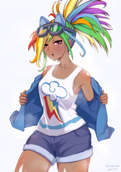 Size: 2894x4093 | Tagged: safe, artist:chikarasox, imported from derpibooru, kotobukiya, rainbow dash, human, equestria girls, anime, armpits, clothes, cute, dark skin, dashabetes, female, goggles, humanized, kotobukiya rainbow dash, shorts, solo, stupid sexy rainbow dash, sweat, tanktop