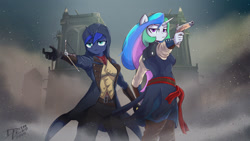 Size: 1024x576 | Tagged: safe, artist:danli69, imported from derpibooru, princess celestia, princess luna, anthro, two best sisters play, assassin's creed, assassin's creed unity, crossover, flintlock, notre dame, ponified