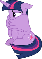 Size: 3277x4629 | Tagged: safe, artist:pink1ejack, imported from derpibooru, twilight sparkle, alicorn, pony, starlight the hypnotist, spoiler:interseason shorts, absurd resolution, cute, ears back, female, floppy ears, horn, hug, mare, scared, self-hugging, simple background, sitting, solo, transparent background, twiabetes, twilight sparkle (alicorn), vector, winghug