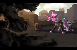 Size: 1280x833 | Tagged: safe, artist:kraaisha, imported from derpibooru, oc, oc only, hellhound, pony, unicorn, fallout equestria, blood, city, clothes, fallout, fanfic, fanfic art, female, floppy ears, foal, glowing horn, gritted teeth, gun, handgun, hooves, horn, injured, jumpsuit, levitation, magic, mare, monster, pipbuck, pistol, revolver, rooftop, scenery, solo, telekinesis, trio, vault suit, weapon