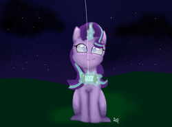 Size: 1557x1152 | Tagged: safe, artist:auradashiepie, imported from derpibooru, starlight glimmer, pony, unicorn, female, glowing horn, kite, kite flying, looking up, night, smiling, solo, that pony sure does love kites