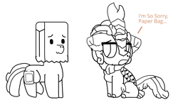 Size: 1823x1028 | Tagged: safe, anonymous artist, imported from derpibooru, autumn blaze, oc, oc:paper bag, earth pony, kirin, pony, sounds of silence, apology, apology gift, fake cutie mark, female, open mouth, paper bag, ponysona, sad, simple background, sitting, smiling, white background