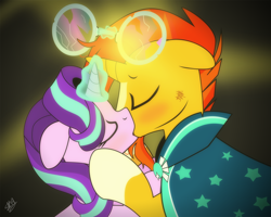 Size: 1346x1076 | Tagged: safe, artist:dsana, imported from derpibooru, starlight glimmer, sunburst, pony, female, floppy ears, kissing, magic, male, mare, shipping, stallion, starburst, straight, telekinesis