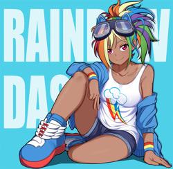 Size: 1500x1465 | Tagged: safe, artist:caibaoreturn, imported from derpibooru, kotobukiya, rainbow dash, human, big breasts, breasts, clothes, cute, dark skin, dashabetes, female, goggles, human coloration, humanized, koto dash, kotobukiya rainbow dash, looking at you, shoes, shorts, smiling, solo, tan, tan lines, tanktop, wristband