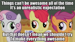 Size: 1920x1080 | Tagged: safe, edit, edited screencap, imported from derpibooru, screencap, apple bloom, scootaloo, sweetie belle, on your marks, spoiler:the lego movie 2: the second part, adorabloom, caption, clubhouse, crusaders clubhouse, cute, cutealoo, cutie mark, cutie mark crusaders, diasweetes, discovery family logo, everything's not awesome, female, image macro, lego, singing, sitting, spoilers for another series, text, the cmc's cutie marks, the lego movie, the lego movie 2: the second part, trio, trio female